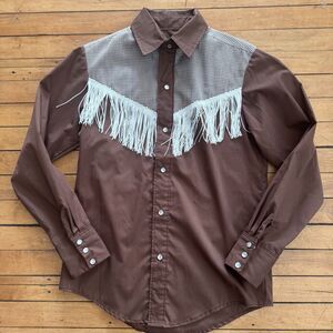 Vintage Brown  Western Wear Pearl Snap Plaid Fringe Cowboy Shirt Mens